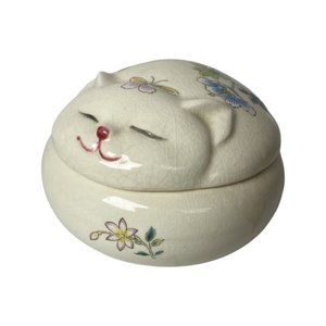 Takahashi Hand Decorated Cat Kitty Trinket Box Round Porcelain 4" Diameter 2.5"